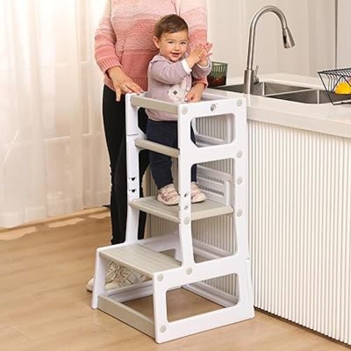 SDADI Mother's Helper Adjustable Height Plastic Kitchen Step Stool for Children, Kids Toddlers Counter Level Learning Stool for Kitchen & Bathroom,Beige and Light Grey