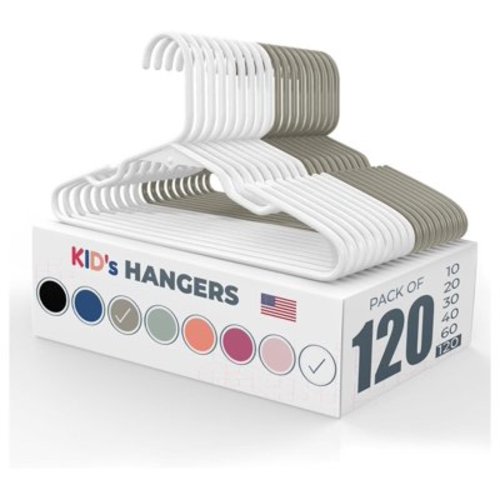 120pk Made in USA Baby Hangers | Kids Hangers for Children's Clothes, Toddler Outfits and Clothing | 20 50 100 Pack Available | Kid Plastic Hanger for Closet and Nursery | Kids Hangars (White/Gray)
