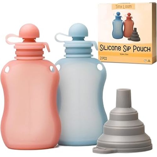 Reusable Pouches for Toddlers Silicone Refillable Baby Food Feeder with Funnel, Food Storage for Kids Squeezable Pouch, Washable & Freezer - Perfect for Fruit, Yogurt and Smoothies, 5oz, 2 Pack