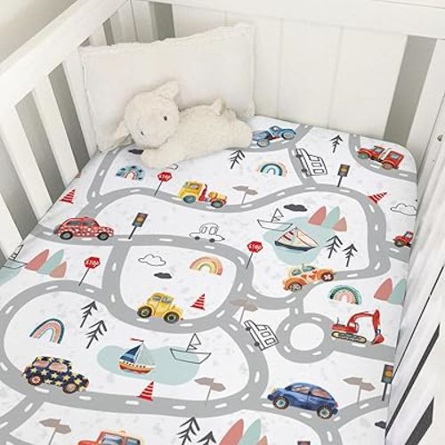 Cartoon Road Car Vehicles Baby Crib Sheets 52''x28'' City Roadway Truck Boat Mountain Forest Rainbow Fitted Crib Mattress Covers for Boy Girl Soft Nursery Bed Sheet for Standard Crib Toddler Mattress