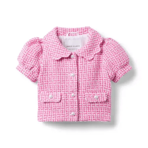Girl Raspberry Pink Tweed Puff Sleeve Jacket by Janie and Jack | 18-24 months