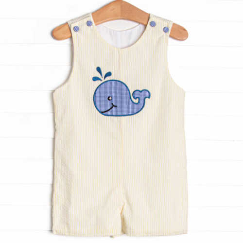 Whale's Tail Applique Jon Jon, Yellow Seersucker – Stitchy Fish