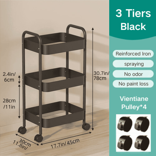 FTCBJJA Carbon Steel Storage Cart, 3-Tier Rolling Storage Mobile Utility Cart, Living Room, Kitchen Sorting Metal Storage Organizer Black