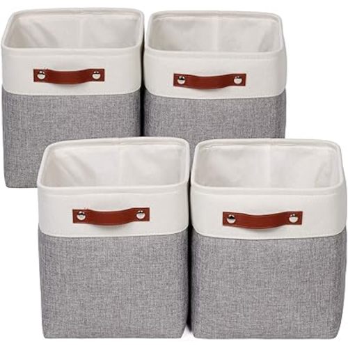 Univivi 10.5 Inch Fabric Cube Bins with Hard Bottom, 4 Pack Storage Baskets with PU Handles for Shelves Closet Foldable Storage Bins for Organizing (Gray,10.5" x 10.5" x 11")