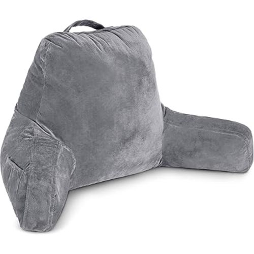 Husband Pillow Dark Grey, Standard+ Original Reading Pillow in Bed Rest Chair, Shredded Memory Foam Large Lounge Cushion Adult Backrest w/Arms, Comfy Back Support for Sit Sitting Up, Removable Cover