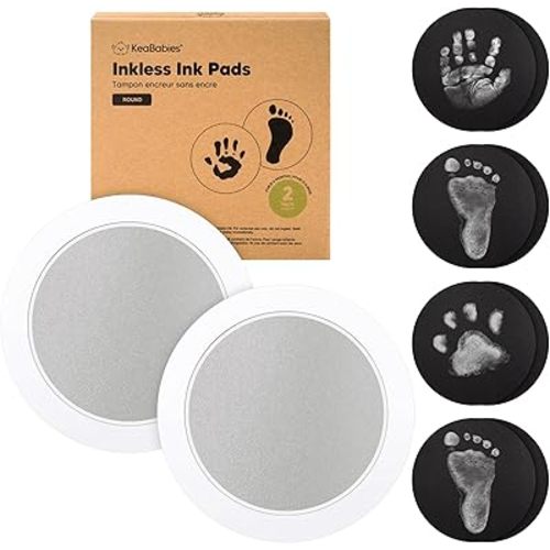 2-Pack Round Inkless Baby Hand and Footprint Kit - Mess Free Ink Pad for Newborn Keepsake, Dog Nose & Paw Print Kit, Clean Touch Ink Pad for Baby Hand & Footprints, Ideal New Mom Gifts (Silver)