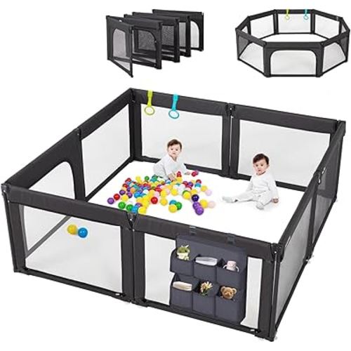 Baby Playpen Foldable, Shape & Size Adjustable Playpen for Toddler, 79x71 Large Baby Play Pens Safety Mesh Foldable Playard for Babies, Portable Baby Fence Play Area Kids Play Pen, Black