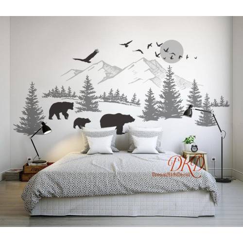 Wall Decal Wall Sticker-Mountain landscape with Bear family, Pine tree wall art for Nursery