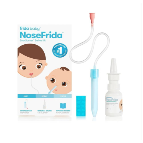 Frida Baby Saline Kit, Includes NoseFrida Nasal Aspirator for Baby, Baby Nose Sucker, Saline Nasal Spray for Babies with 10 Extra Hygiene Filters, Nasal Spray Decongestant, 0.68 fl oz