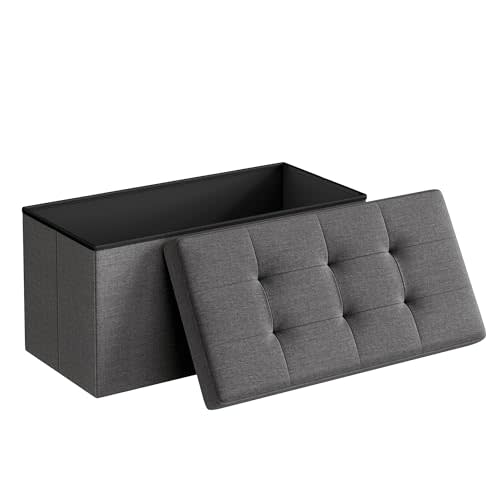 SONGMICS MAZIE Collection - 30 Inches Folding Storage Ottoman Bench, Ottoman Foot Rest, End of Bed Bench, Storage Chest, Load 660 lb, for Living Room, Bedroom, Entryway, Dark Gray ULSF47K