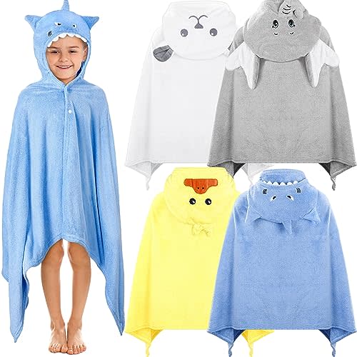Preboun 4 Pcs Kids Hooded Bath Towel Set Hooded Towel for Kids 55'' x 27.5 Large Kids Bath Towel Wrap for 3-10 Kids Boy Girl(Blue, White, Gray, Yellow,Beluga Whale, Bear, Elephant, Duck)