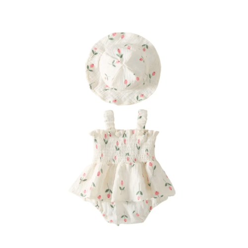 TULIP Smocked Romper with Sun Hat - Hazel & Bo