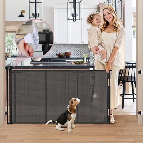Retractable Baby Gates No Drill, Reinforced 75" Wide Baby Gate Retractable Dog Gate with Support Rods, Outdoor Retractable Gate No Drill Baby Gates for Doorways, Mesh Dog Gate No Drill Pet Gate, Black