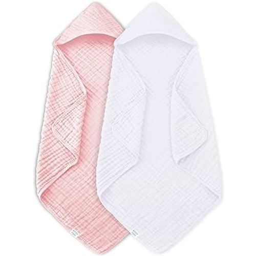 MOON PARK 2 Pack Muslin Hooded Baby Bath Towels for Newborns, Infants, Toddlers - 100% Cotton - Large 32x32Inch Size - Highly Absorbent and Essential, White and Pink