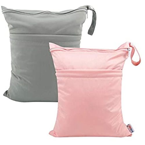 ALVABABY 2pcs Cloth Diaper Wet Dry Bags Waterproof Reusable with Two Zippered Pockets Travel Beach Pool Daycare Soiled Baby Items Yoga Gym Bag for Swimsuits or Wet Clothes L-B1929 - grey & pink