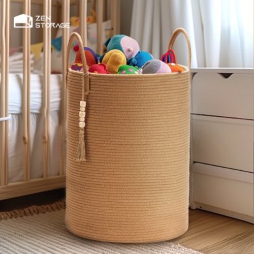 Jute Rope Laundry Hamper, Tall Woven Laundry Basket with Handles, Round Baby Laundry Hamper Aesthetic for Clothes Toys Blankets Pillows with Wooden Hanging Bead
