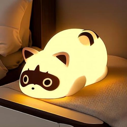 Night Light for Kids Raccoon Cute Led Lamp Bedside Lamp Baby Nursery Bedroom Dimmable Rechargable Touch Control Table Desk Lamp Cool Stuff Fun Kawaii Room Decor Aesthetic Novelty Accessories