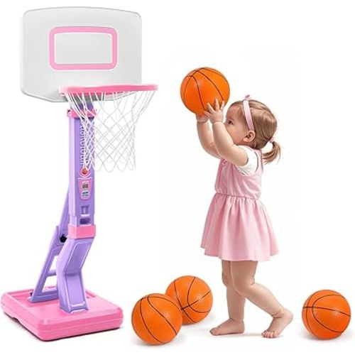 Toddler Little Girls Basketball Hoop Set with 4 Balls for Indoor Outdoor Age 1-3 2-4 3-5, Height Adjustable Basketball Goal for Kids Backyard Basketball Toys for 1 2 3 4 Year Old Girl Birthday Gifts