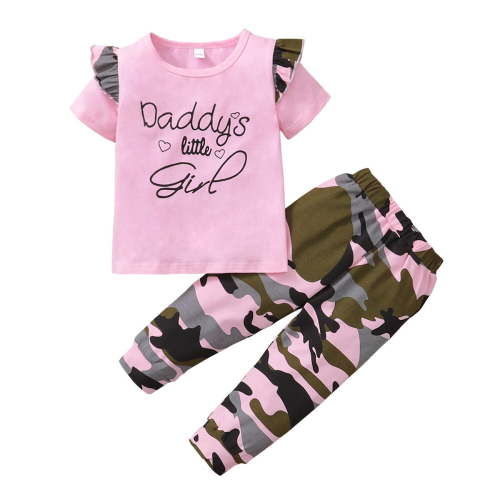 4T Baby Girls Clothes Baby Girls 2PCS Outfits 4-5T Girls Letter Print Short Sleeve Top Camouflage Pants Set Pink