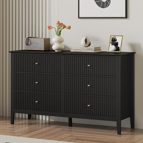 RoyalCraft Black 6 Drawer Dresser, Fluted Modern Wood Dresser, Double Chest of Drawers for Bedroom, TV Stand Storage Cabinet for Living Room