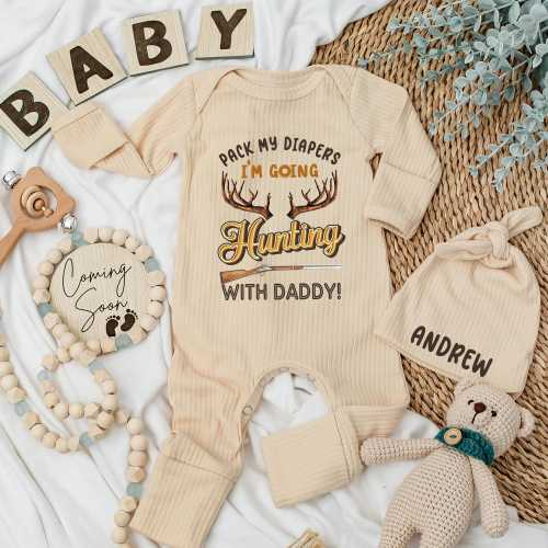 Funny Hunting Baby Bodysuit, Pack My Diapers I'm Going With Daddy, Newborn Boy Outfit, Personalized Baby Shower Gift for Hunter Dad