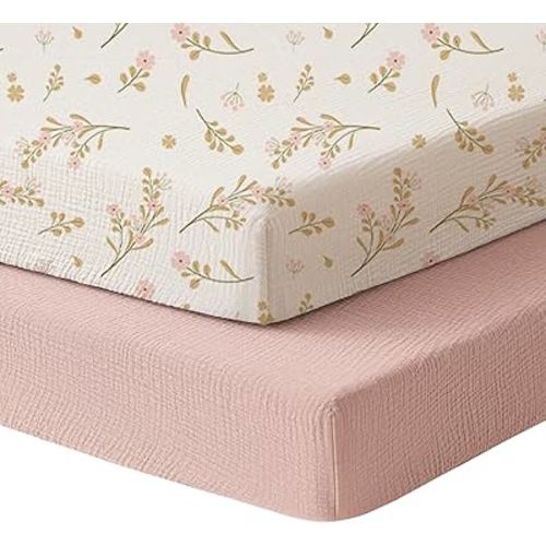 Konssy Muslin Mini Crib Sheets, 100% Soft Cotton Pack and Play Sheets for Pack N Play Mattress, Playard Baby Crib Sheets for Baby Girls (Floral, Pink)