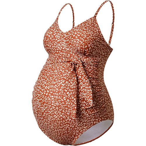 GINKANA Maternity Swimsuit V-Neck One Piece Maternity Monokini Tie Front Bathing Suit Pregnany Swimwear - Medium - Light Rose Leopard