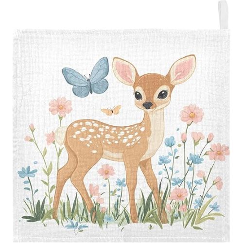 Deer Fawn in Meadow Baby Washcloths 5 Pack, Cotton Muslin Washcloth Soft for Sensitive Skin, Newborn Girls Boys Shower Gift, 12x12 in
