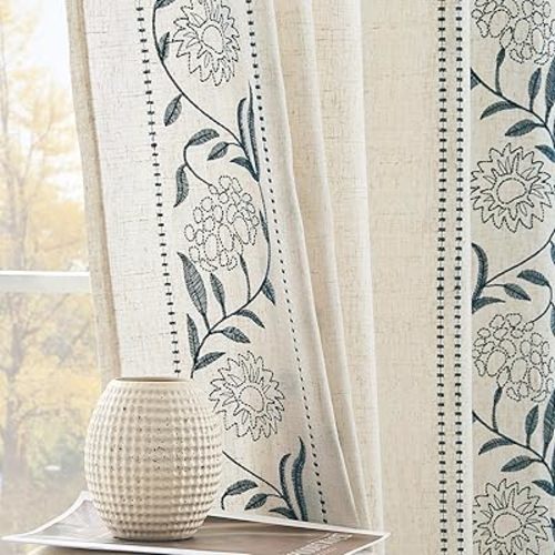 jinchan Winslow Linen Curtains for Bedroom 84 Inches Length Embroidered Bordered Floral Curtains for Living Room Farmhouse Decor Light Filtering Window Treatments Blue on Beige Drapes 2 Panels
