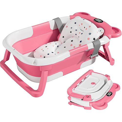 TPN Collapsible Baby Bathtub with Soft Cushion & Real-Time Thermometer Monitor, Foldable Infant to Toddler Tub (0-36 Months), Portable for Travel & Home Use
