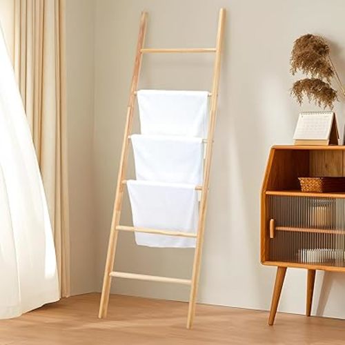 5Ft Paulownia Farmhouse Wooden Blanket Ladder - Lightweight Rustic Decorative Ladder for Blankets, Quilts, Towels - Easy Assembly, Space-Saving Organizer for Bedroom, Living Room