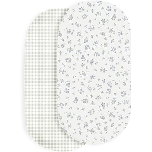 Makemake Organics Organic Cotton Bassinet Sheet (Set of 2) GOTS Certified Organic Bassinet Mattress Cover Fits Hourglass Rectangle Oval - Ultra Soft Breathable (15"x33", Mini Roses + Weaves)