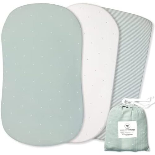 POPPI & MAX 100% Organic Bassinet Sheets for Baby Girl + Boy – Fitted Sheets for Halo, Snoo, Dream on Me Karley, Baby Delight, Ingenuity + More – Jersey Cotton Bassinet Covers – Misty Sage – 3 Pack