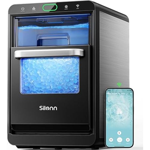 Nugget Ice Maker Countertop - Silonn Smart Pebble Ice Machine, Pellet Ice 44 lbs per Day, Crushed Ice from Timer Function and Status Alerts with Silonn App, Stainless Steel