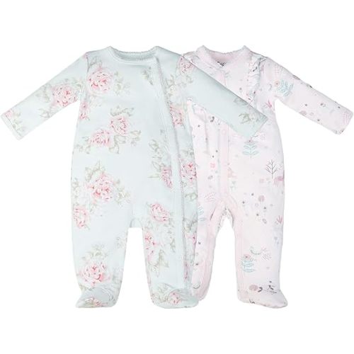 100% Cotton Baby Girls Footies Set of 2, 0-12 Months Long Sleeve Soft and Comfortable Toddler Girls' Footed