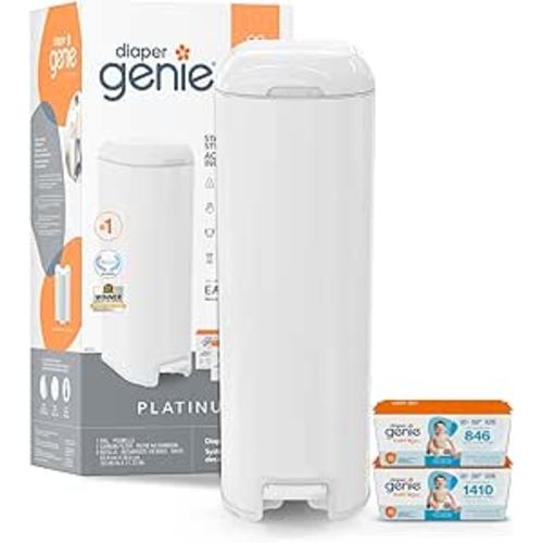 Diaper Genie Platinum Diaper Pail Gift Set, White - Made in Durable Stainless Steel and Includes 2 Easy Roll Refills - one with 18 Bags, one with 30 Bags