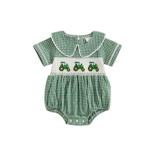 CocMouse Girls Tractor Embroidery Plaid Romper Short Sleeve Doll Collar Romper