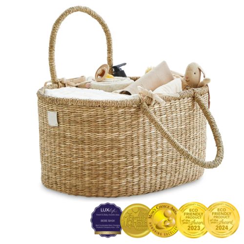 BEBE BASK Premium Baby Diaper Caddy Organizer - Artisan-Made Seagrass Basket With Cotton Divider - Award-Winning & Luxury Diaper Caddy Basket (ROSA)