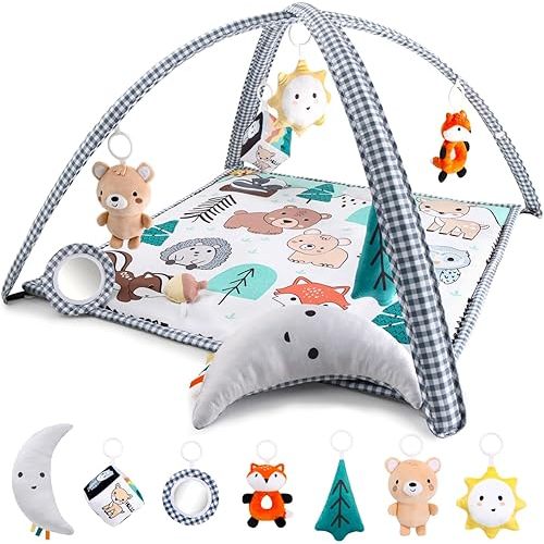 The Peanutshell Unisex Baby Play Gym & 7-in-1 Play Mat - Playmat Baby Toys 0-6, 6-12 Months Tummy Time Mat with Hanging Toys, Soft Padded Mat for Newborns, Infants - Woodland