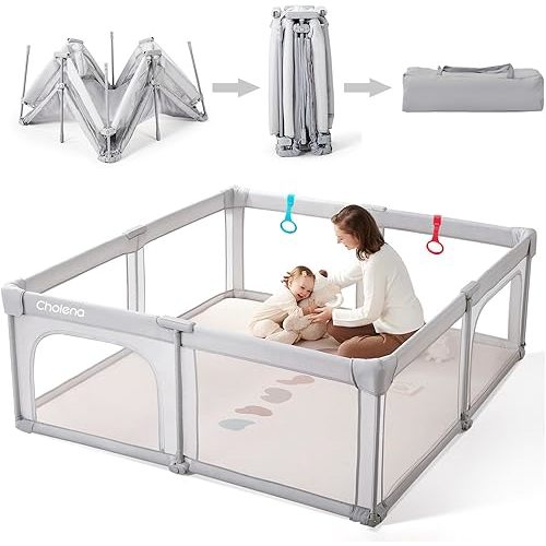 Foldable Baby Playpen,Portable Playpen for Babies and Toddlers,59”x59”Play Pen with Zipper Door,Baby Play Pen Indoor & Outdoor Baby Fence Play Area, Collapsible Play Yard with Travel Bag,Light Grey
