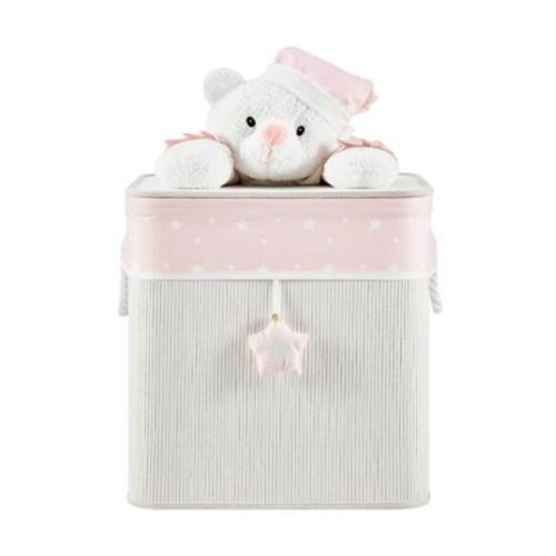 Danya B. Collapsible Bamboo Kids' Laundry Hamper Toy Storage with Handles Pink and Cream Teddy Bear