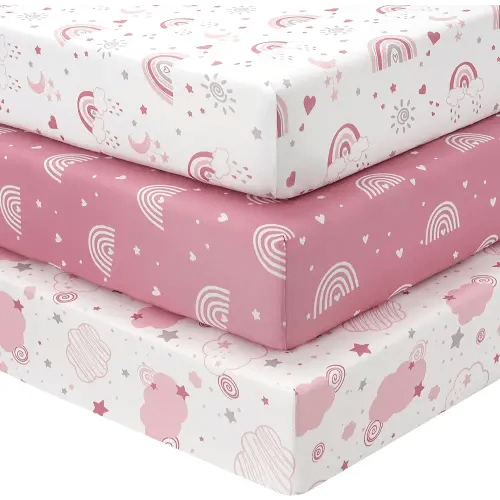 Sábanas para cuna de bebé niña, paquete de 3 sábanas para colchón estándar de cuna y niño pequeño de 52 x 28 pulgadas, microfibra súper suave, arcoíris rosa