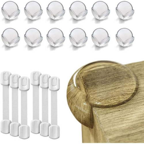 Baby Proof Me Safety Strap and Corner Guard Bundle – 6-Pack Safety Straps, 12-Pack Corner Protectors with 3M Adhesive – Clear, Stain-Free Design for Cabinets, Furniture, and Tables