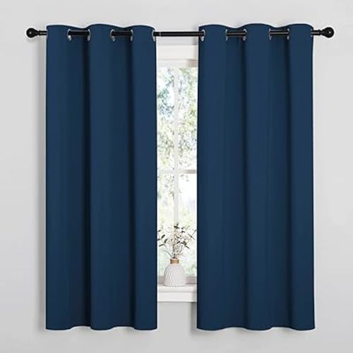 NICETOWN Moroccan Blue Room Darkening Curtains for Kitchen, Window Treatment Thermal Insulated Solid Grommet Room Darkening Curtains/Drapes for Bedroom (Set of 2, 42 inches Wide by 48 inches Long)