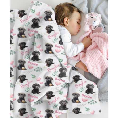 Black Lab Baby Blanket, Personalized Baby Girl Blanket, Custom Pet Name Blanket, Black Labrador Infant Swaddle, Keepsake Baby Shower Gift