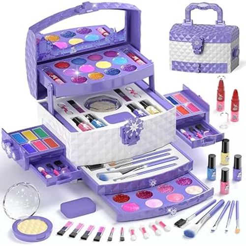 PERRYHOME Kids Makeup Set for Girl 56 Pcs Washable Real Cosmetic, Safe & Non-Toxic Frozen Toys Toddler Makeup Kit, Frozen Princess Dress up Game Christmas & Birthday Girl Gift for 3-12 (Frozen Purple)