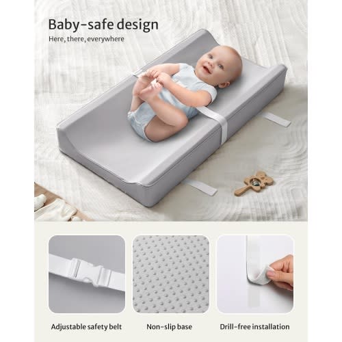 Blissful Diary Vegan Leather Baby Changing Pad with Waterproof & Wipe-Clean PU Cover, Standard Size Cozy Diaper Changing Pad for Dresser and Table, Light Gray
