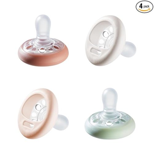 Tommee Tippee Breast-Like Pacifier, 0-6 Months, Symmetrical Design, Natural Breast-Like Baglet, BPA-Free Binkies, Rose/Green/Cream, Pack of 4
