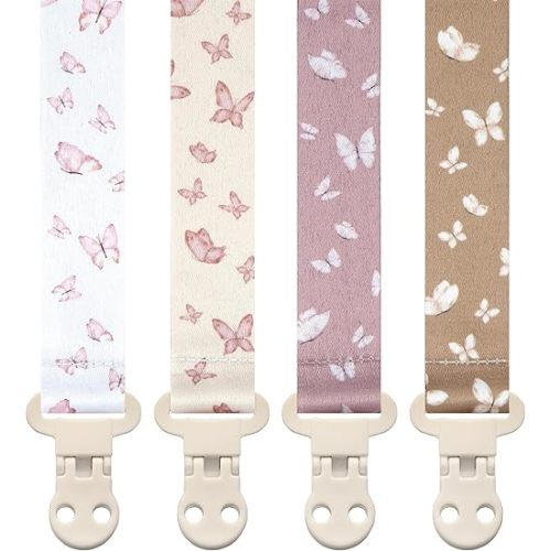 Baby Pacifier Clip Holder - Girl or Boy Unisex 4 Pack Gift Set – Boho Modern Neutral Butterflies (Anabella)