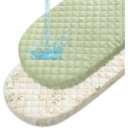 Muslin Bassinet Sheets Waterproof Baby Bassinet Mattress Sheets 2 Pack Thickened Ultra Soft Fitted Crib Cover 33" x 17" for Oval Cradle, Rectangular Mattress Pad, Green & Lvory White